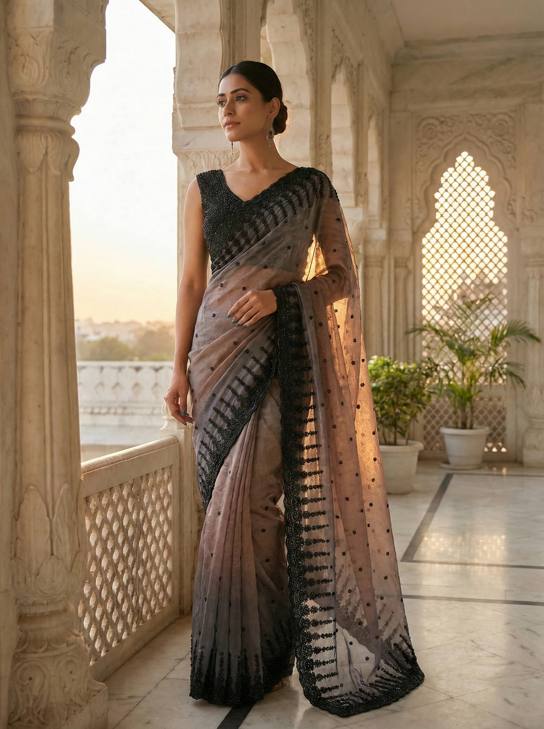 Multicolor Tissue Heavy Stone Embroidery Saree