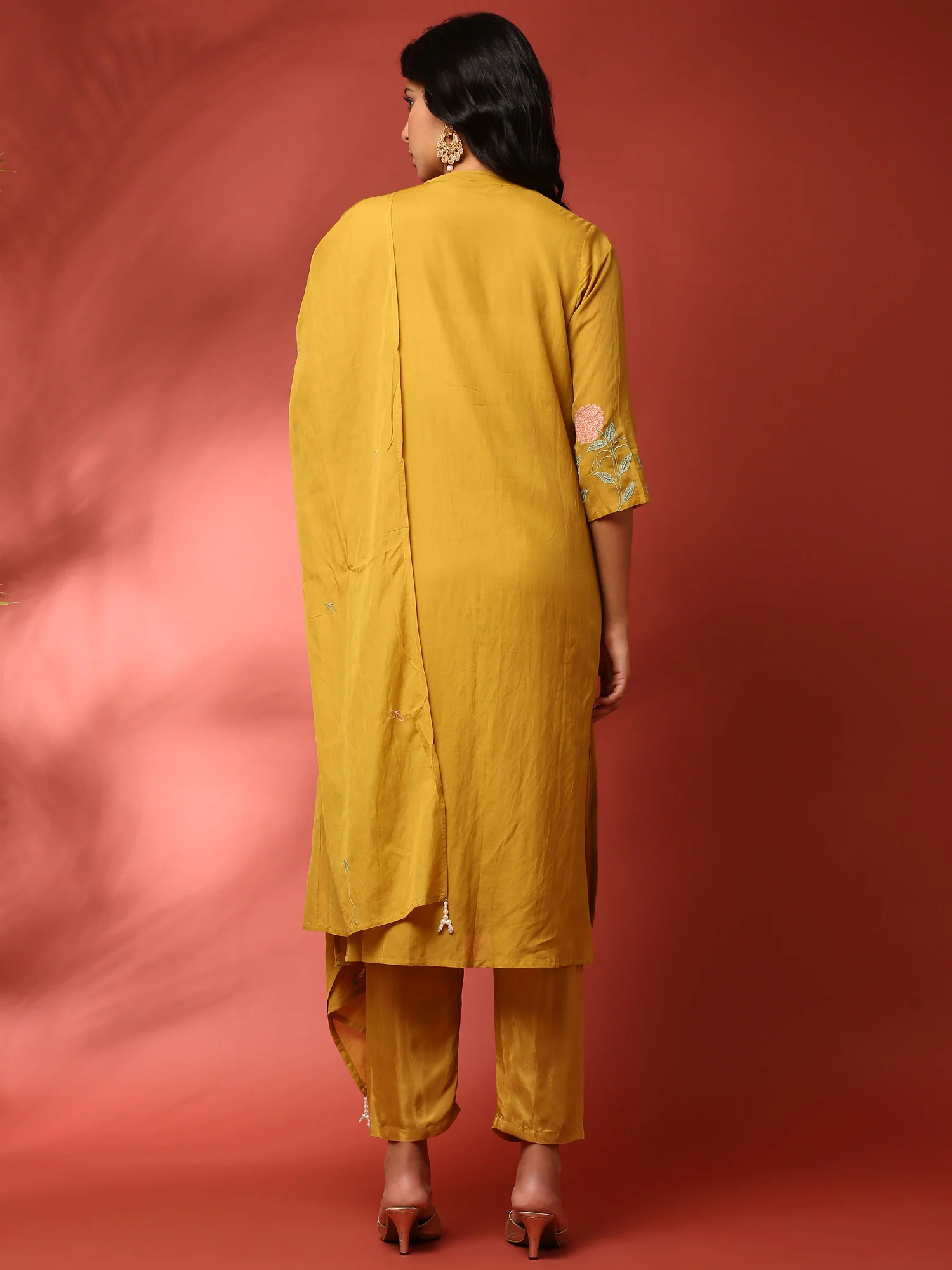 Muslin Mustard Resham embroidered three piece suit set - Image 3