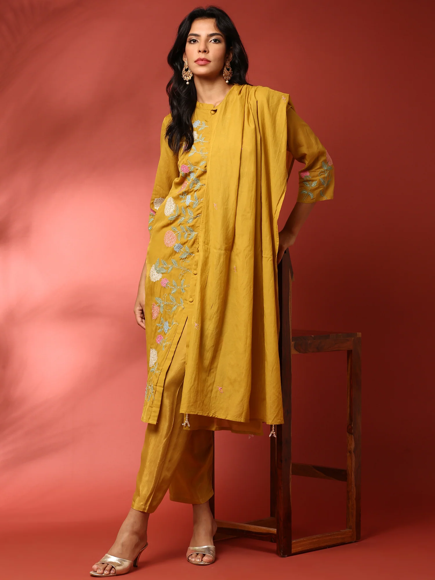 Muslin Mustard Resham embroidered three piece suit set - Image 5