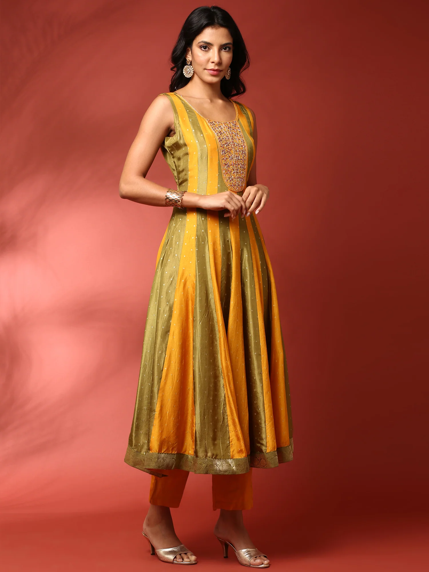 Mustard and green striped silk embroidered anarkali set - Image 3