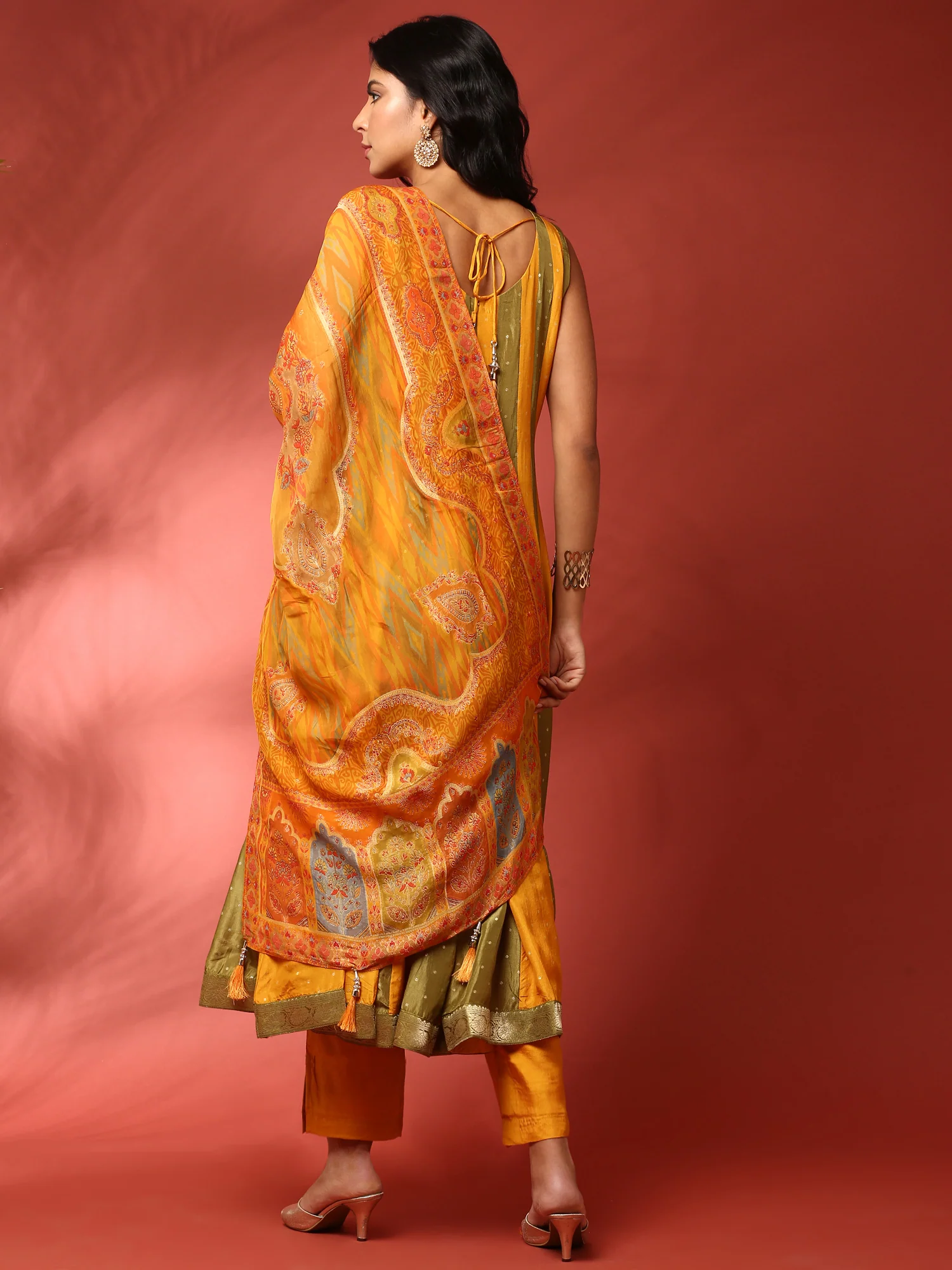 Mustard and green striped silk embroidered anarkali set - Image 4