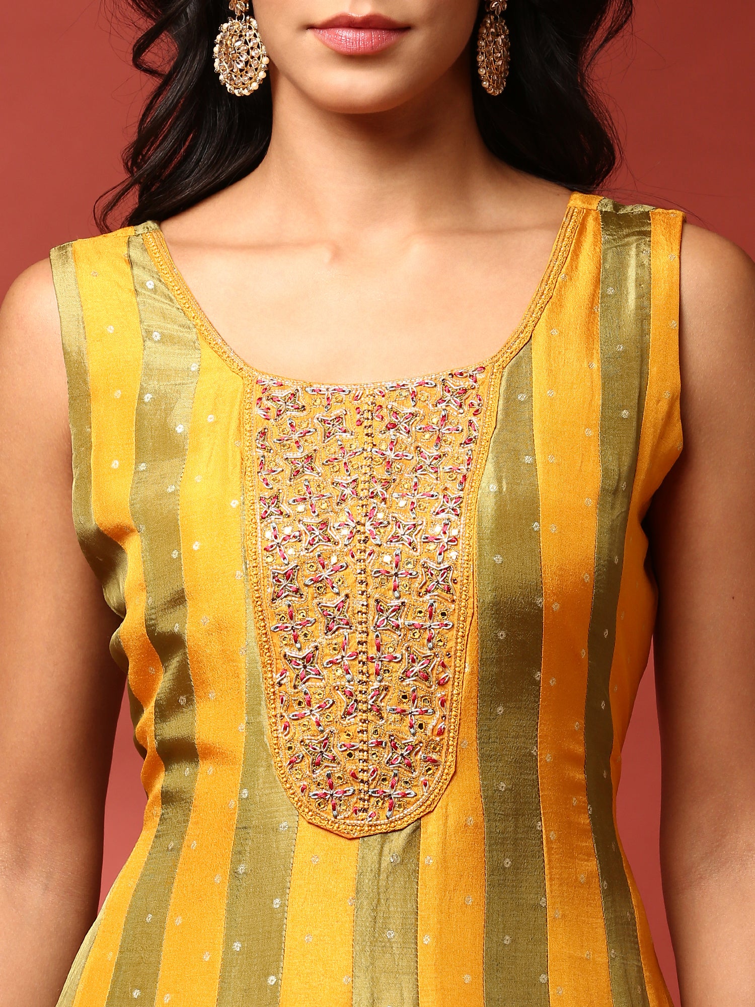 Mustard and green striped silk embroidered anarkali set - Image 5