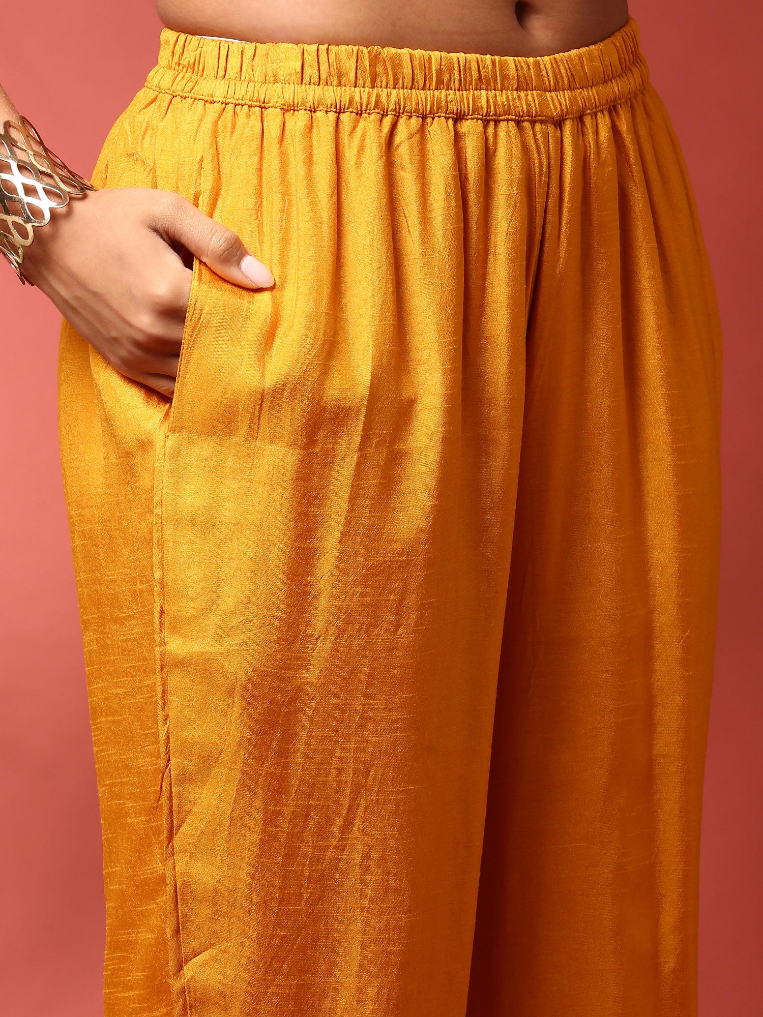 Mustard and green striped silk embroidered anarkali set - Image 6