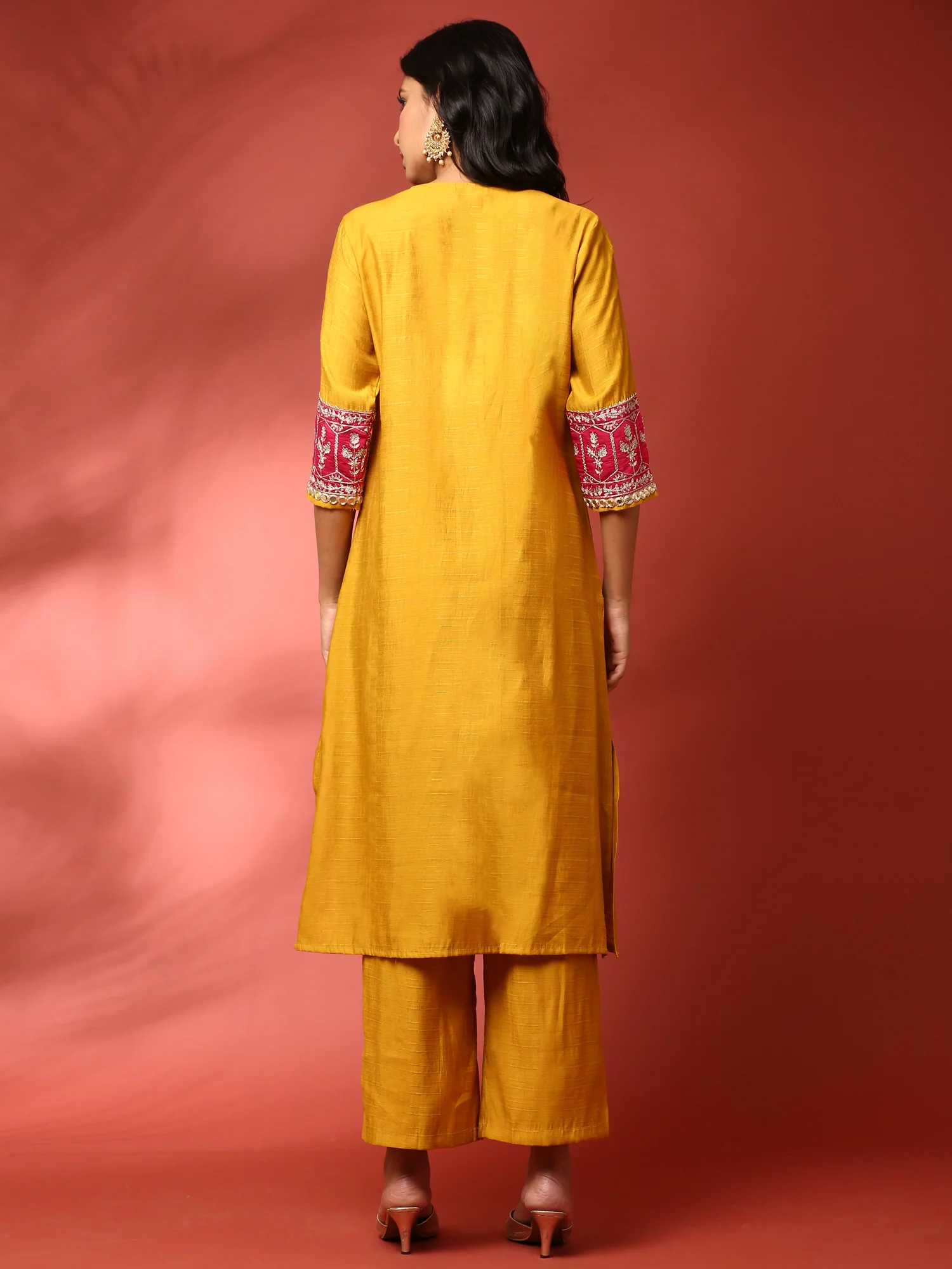 Mustard and Pink Silk Fabric Aari embriodery two piece cord set - Image 3