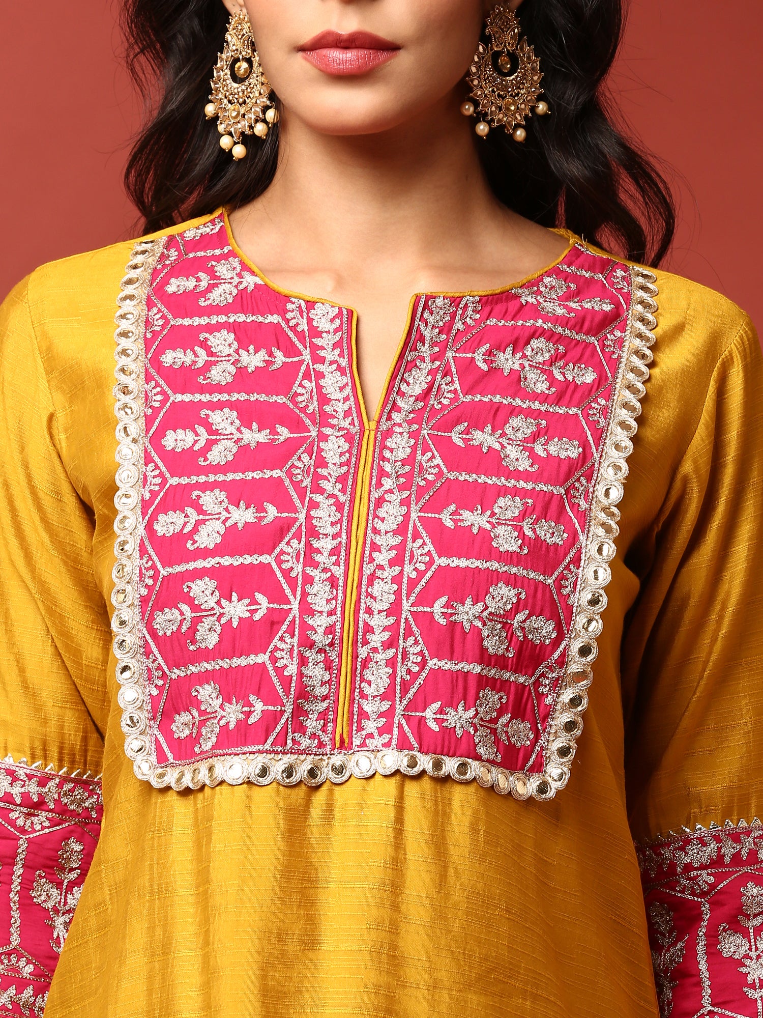 Mustard and Pink Silk Fabric Aari embriodery two piece cord set - Image 4