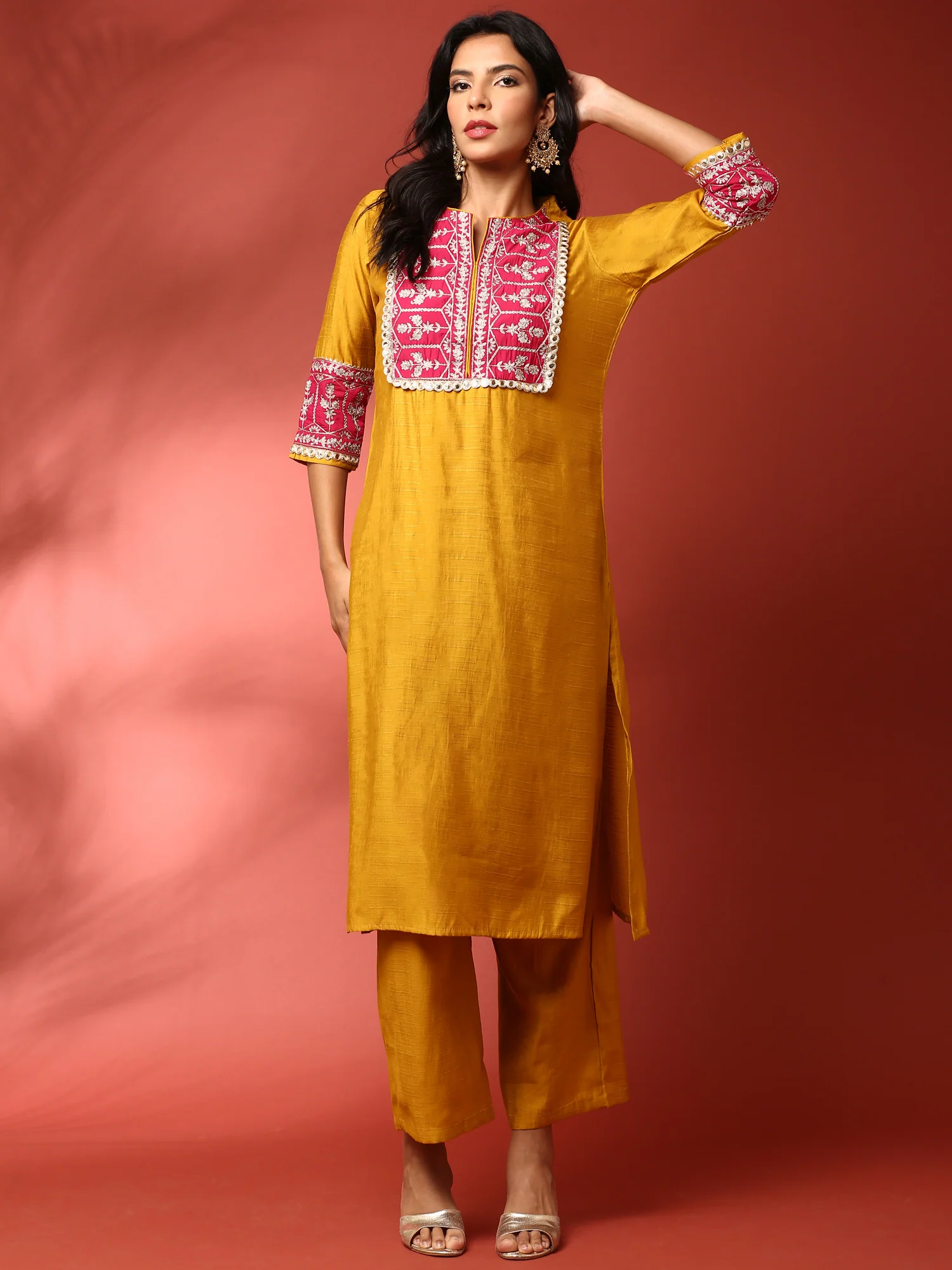 Mustard and Pink Silk Fabric Aari embriodery two piece cord set - Image 5