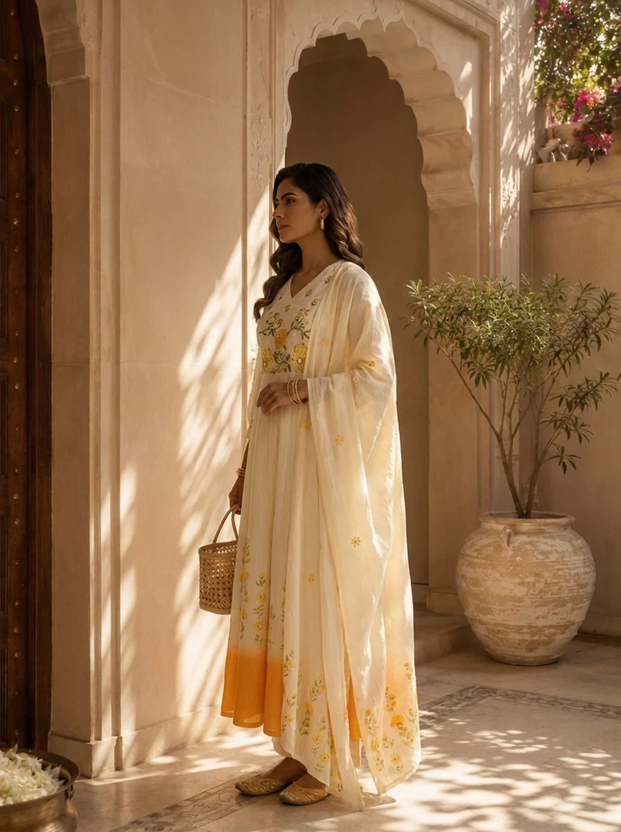 Mustard And White Cotton Floral Hand Thread Embroidery Three Piece Set - Image 2