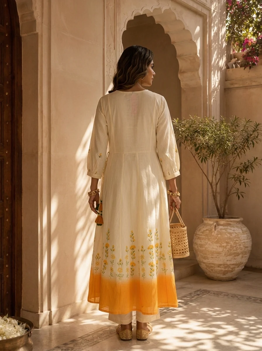 Mustard And White Cotton Floral Hand Thread Embroidery Three Piece Set - Image 3