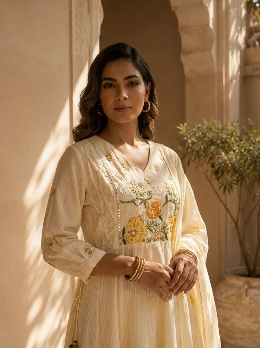 Mustard And White Cotton Floral Hand Thread Embroidery Three Piece Set - Image 4