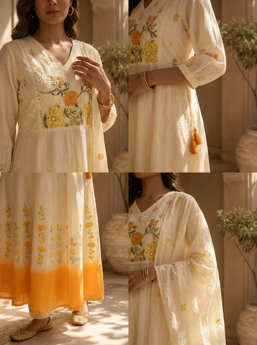 Mustard And White Cotton Floral Hand Thread Embroidery Three Piece Set - Image 5