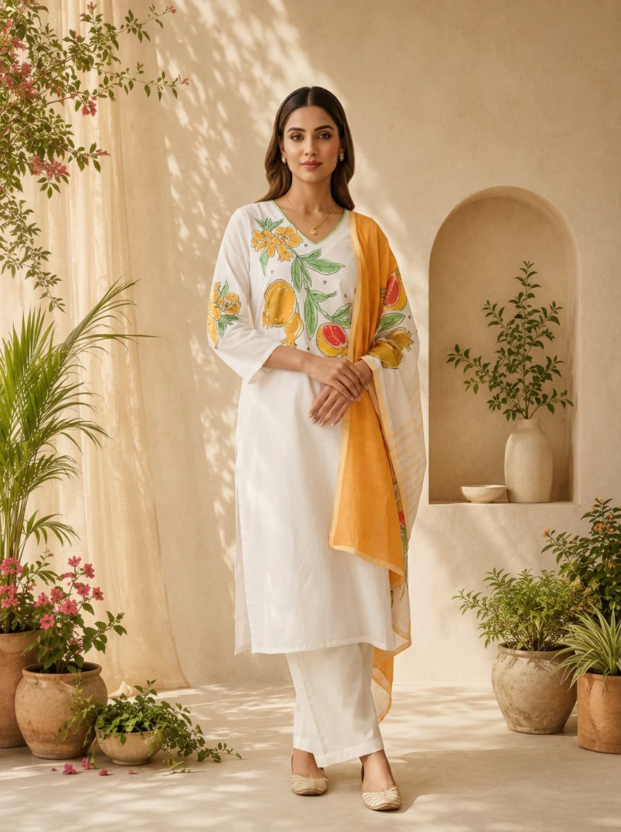 Mustard And White Printed Cotton Three Piece Set With Contrast Dupatta - Image 2