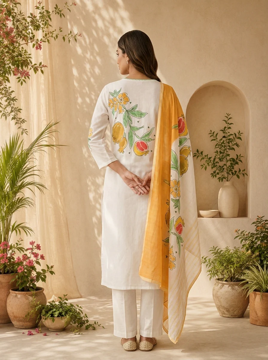 Mustard And White Printed Cotton Three Piece Set With Contrast Dupatta - Image 3