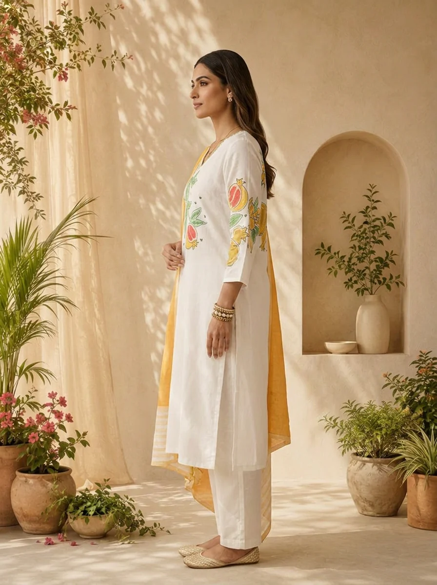 Mustard And White Printed Cotton Three Piece Set With Contrast Dupatta - Image 4