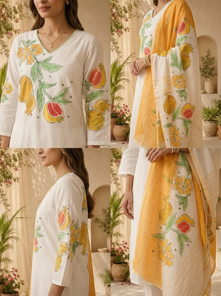 Mustard And White Printed Cotton Three Piece Set With Contrast Dupatta - Image 5
