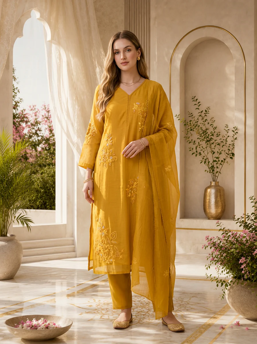Mustard Beads And Thread Embroidery Chanderi Three Piece Set - Image 2