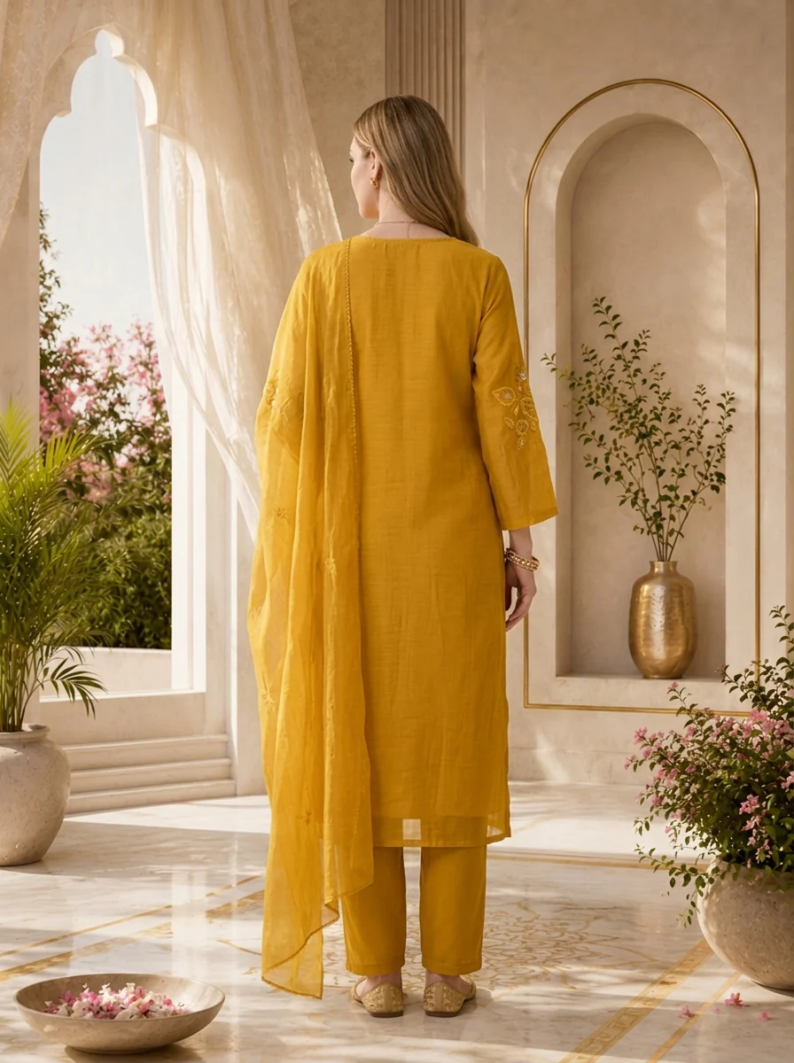 Mustard Beads And Thread Embroidery Chanderi Three Piece Set - Image 3