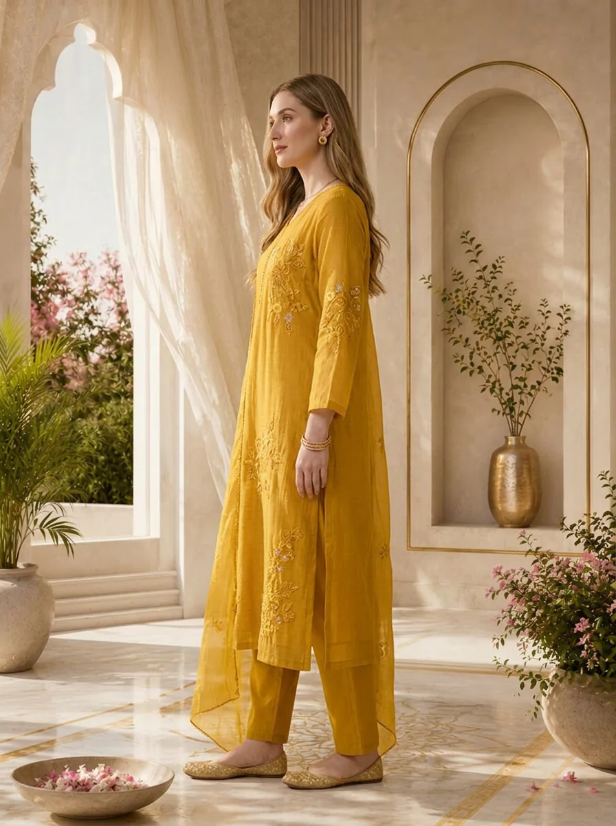 Mustard Beads And Thread Embroidery Chanderi Three Piece Set - Image 4