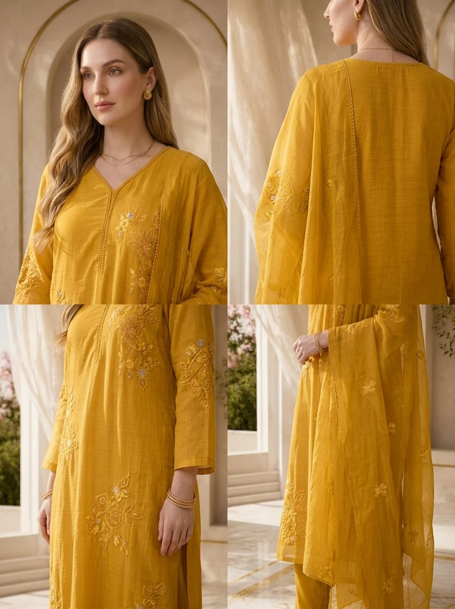 Mustard Beads And Thread Embroidery Chanderi Three Piece Set - Image 5