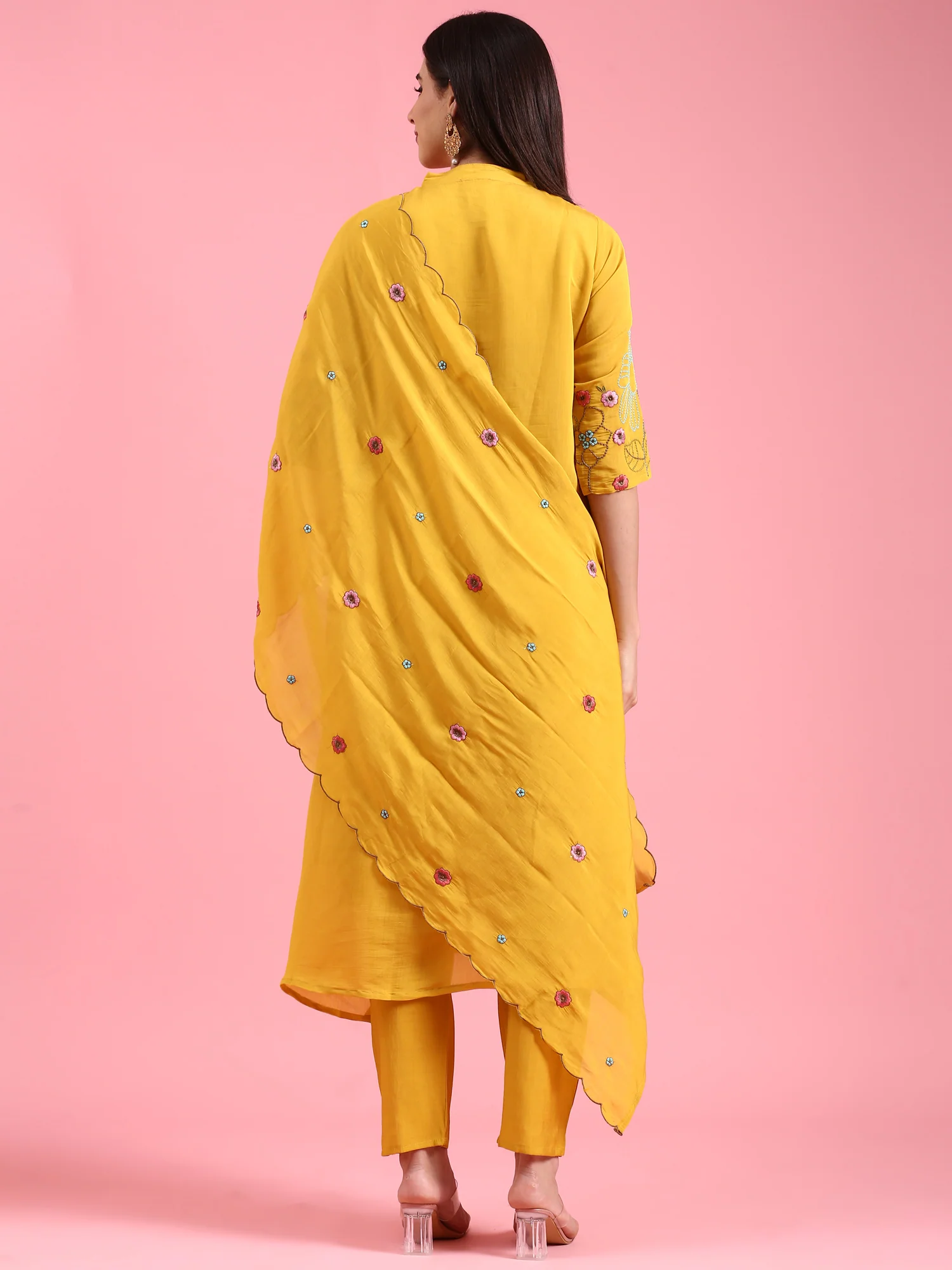 Mustard Chanderi Embroidery Aline Three Piece Suit Set - Image 3