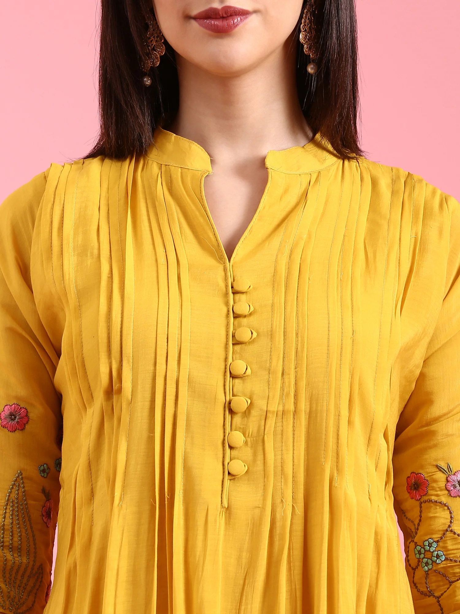 Mustard Chanderi Embroidery Aline Three Piece Suit Set - Image 4