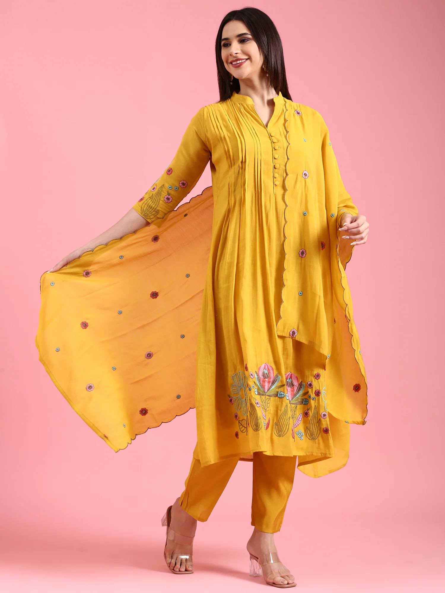 Mustard Chanderi Embroidery Aline Three Piece Suit Set - Image 5