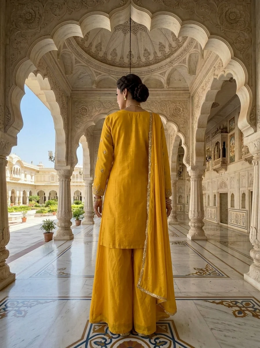 Mustard Chinon Beads And Sequins Embroidered Three Piece Set - Image 3