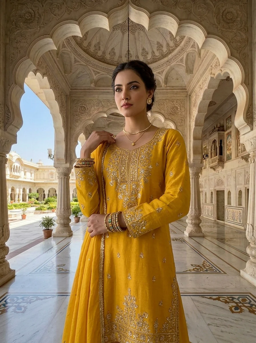 Mustard Chinon Beads And Sequins Embroidered Three Piece Set - Image 4