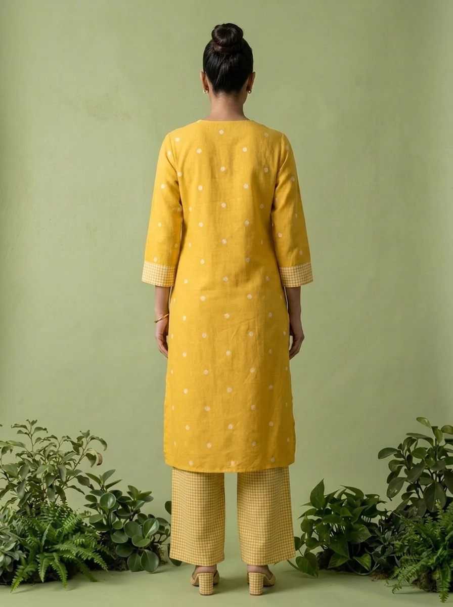 Mustard Cotton Check Printed Two Piece Set - Image 2