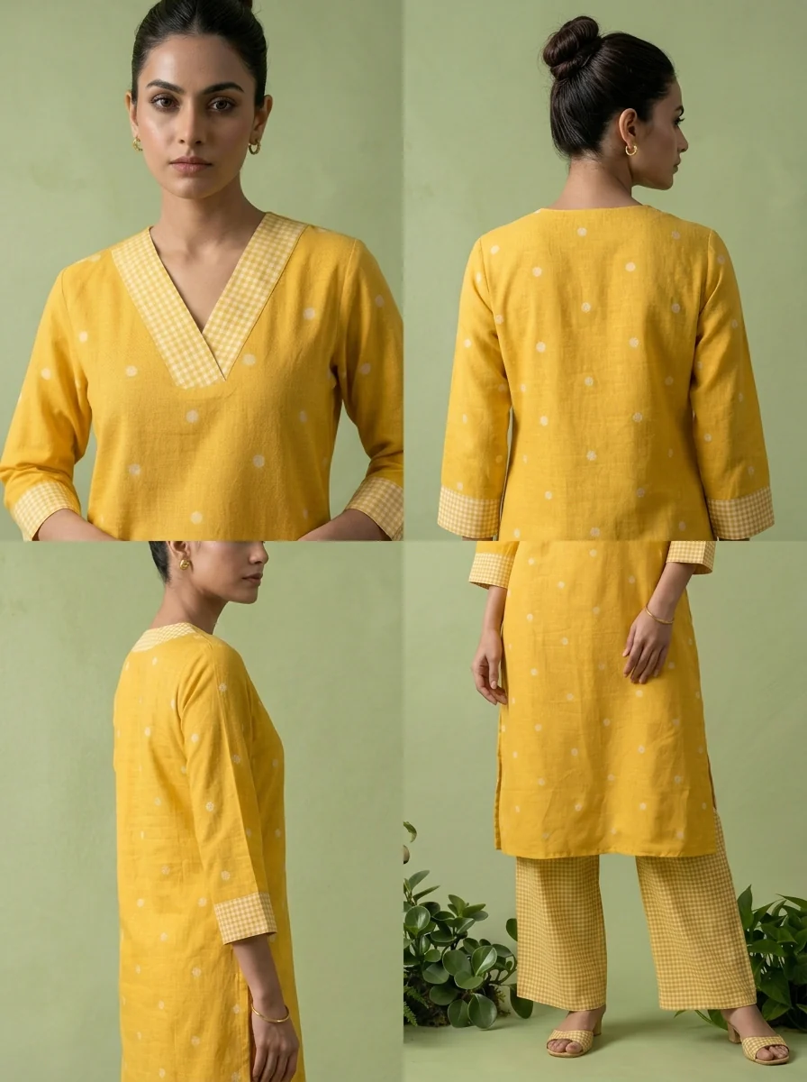 Mustard Cotton Check Printed Two Piece Set - Image 5