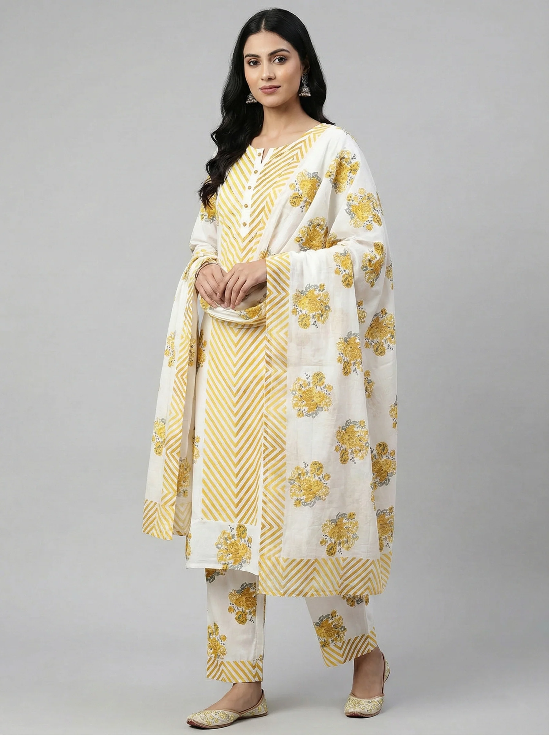 Mustard Cotton Chevron Printed Three Piece Set
