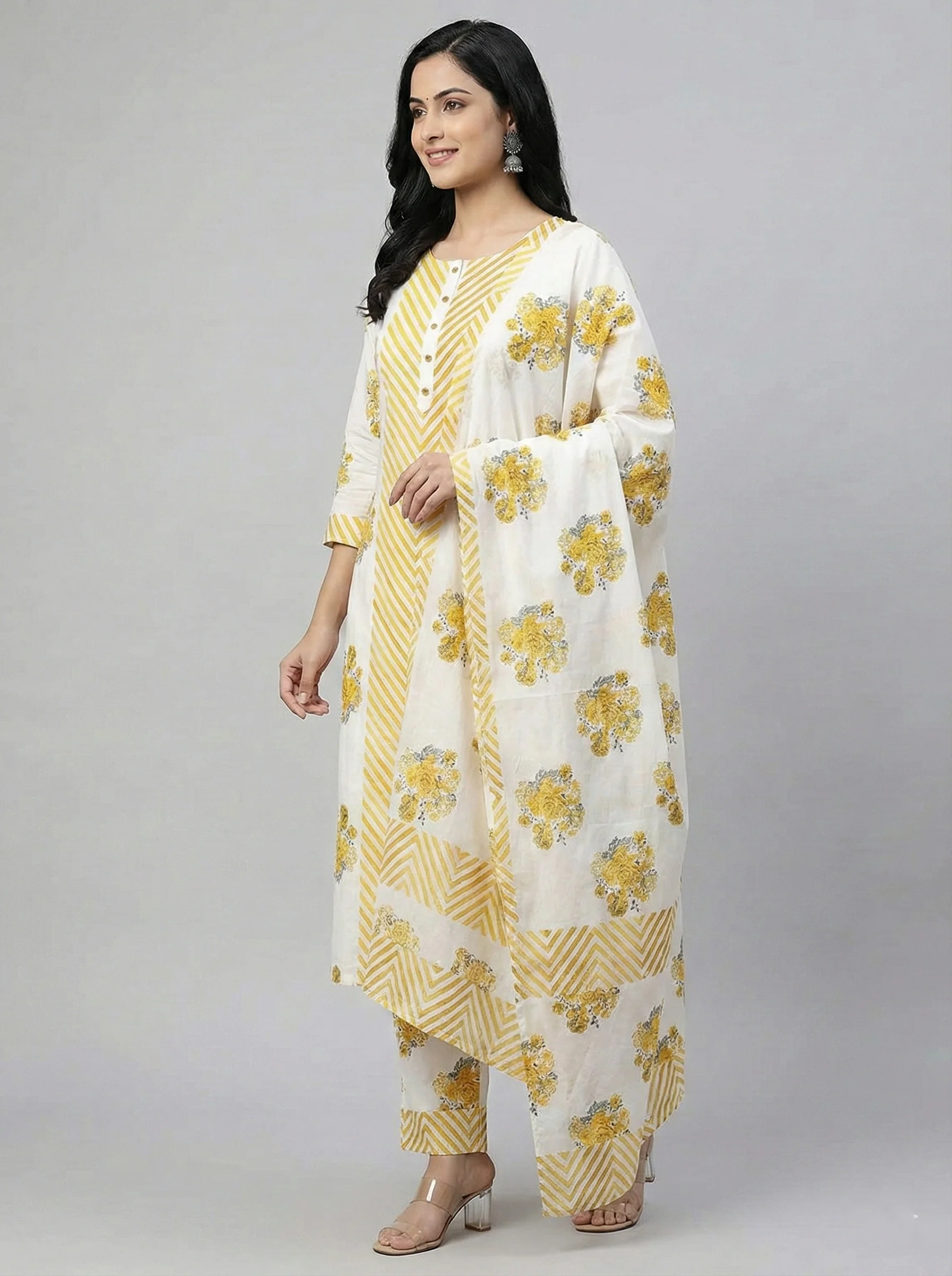 Mustard Cotton Chevron Printed Three Piece Set - Image 2