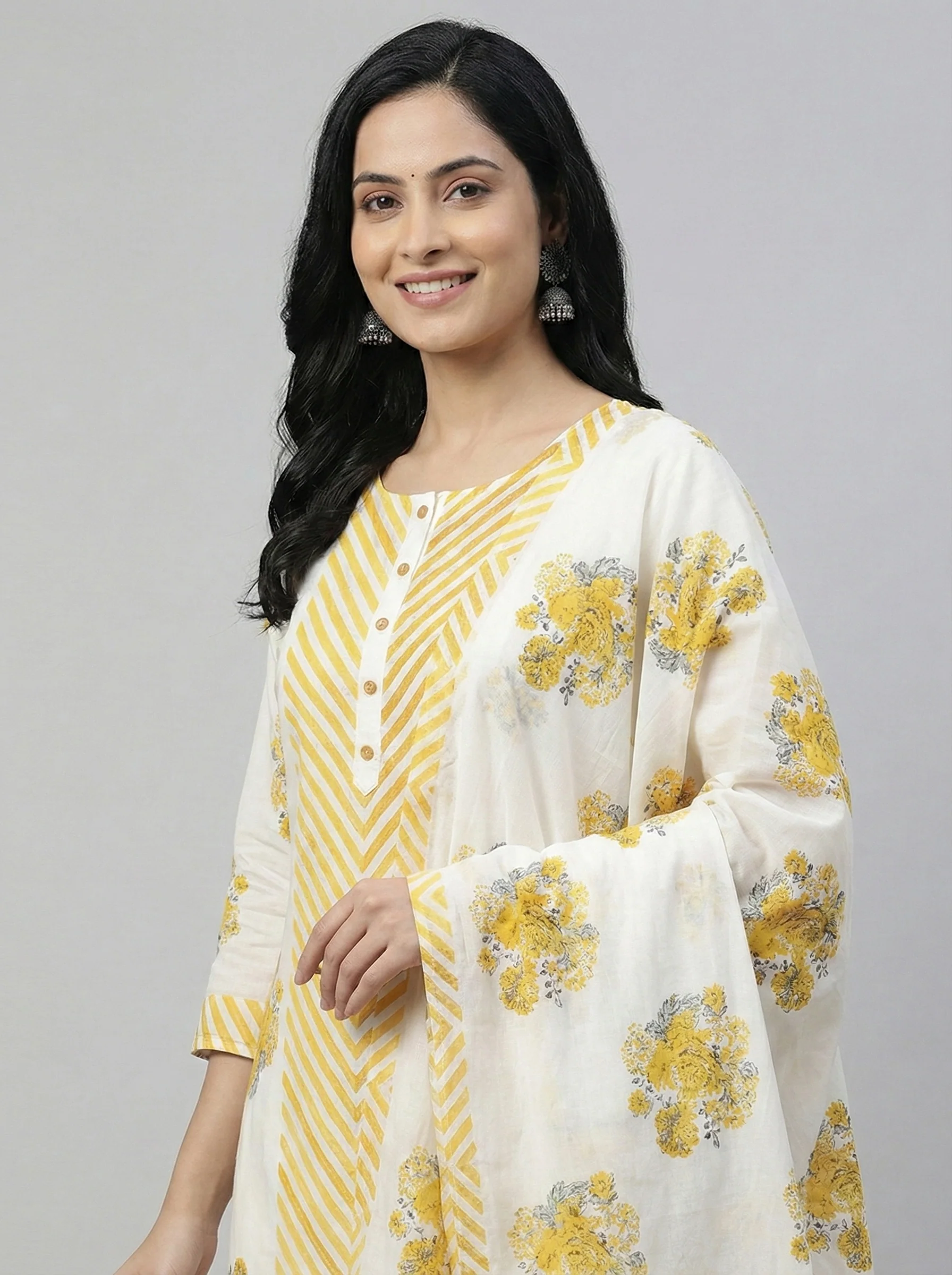 Mustard Cotton Chevron Printed Three Piece Set - Image 3
