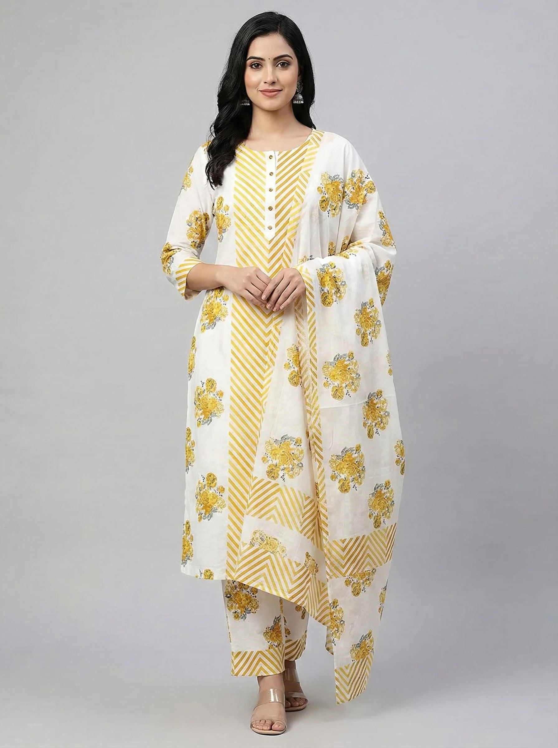 Mustard Cotton Chevron Printed Three Piece Set - Image 4