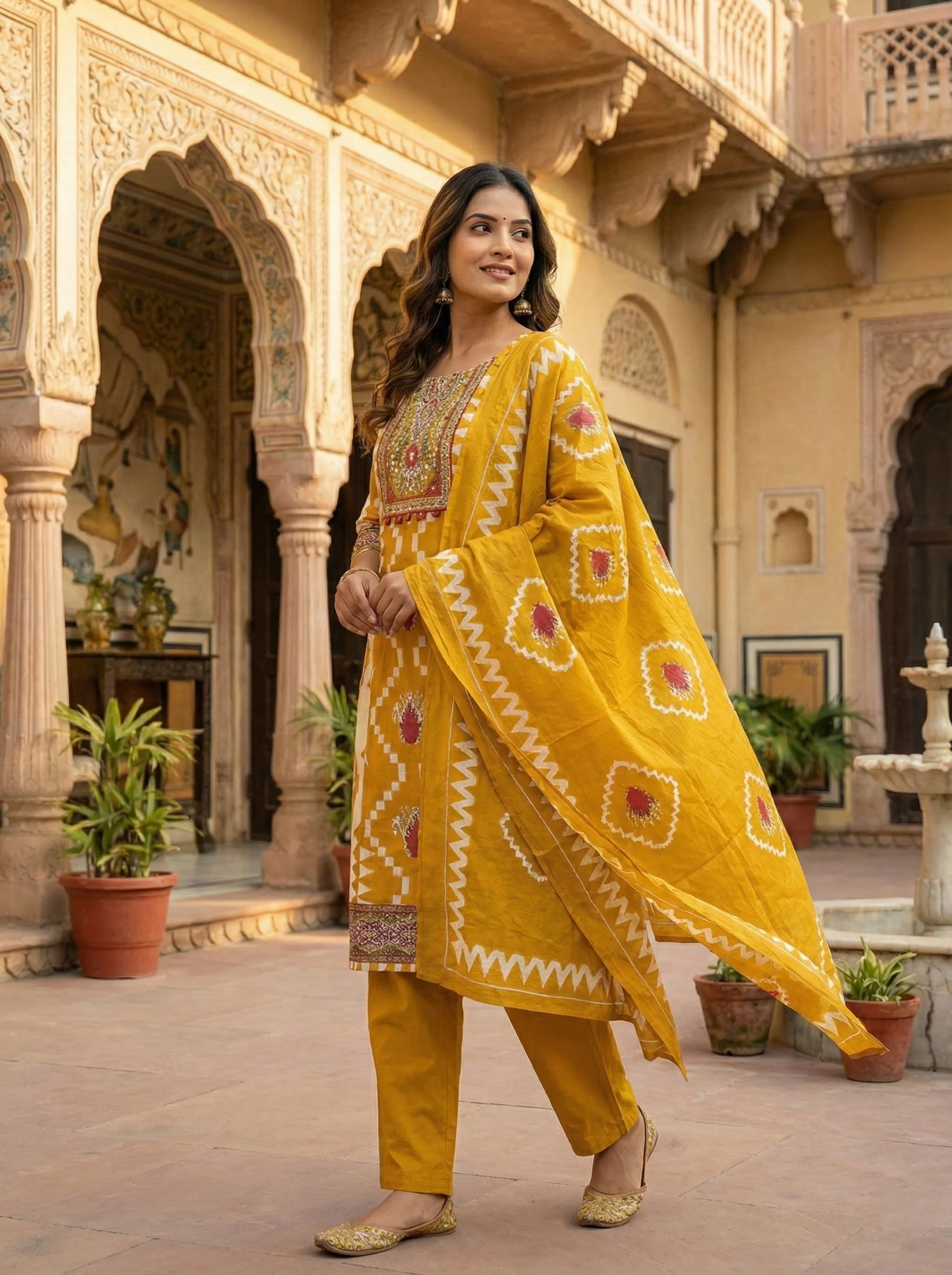 Mustard Cotton Digital Print Three Piece Set - Image 2