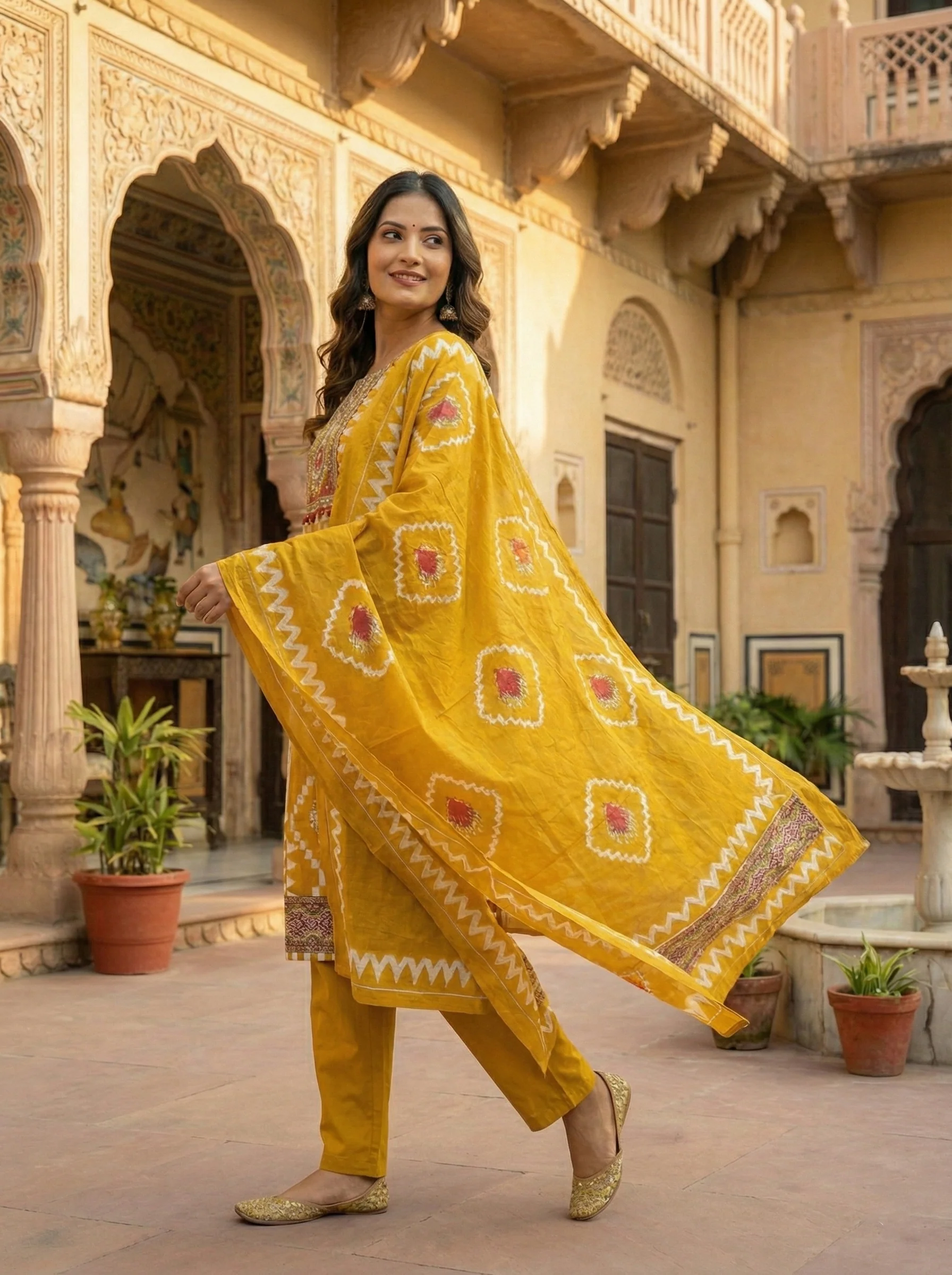 Mustard Cotton Digital Print Three Piece Set - Image 3
