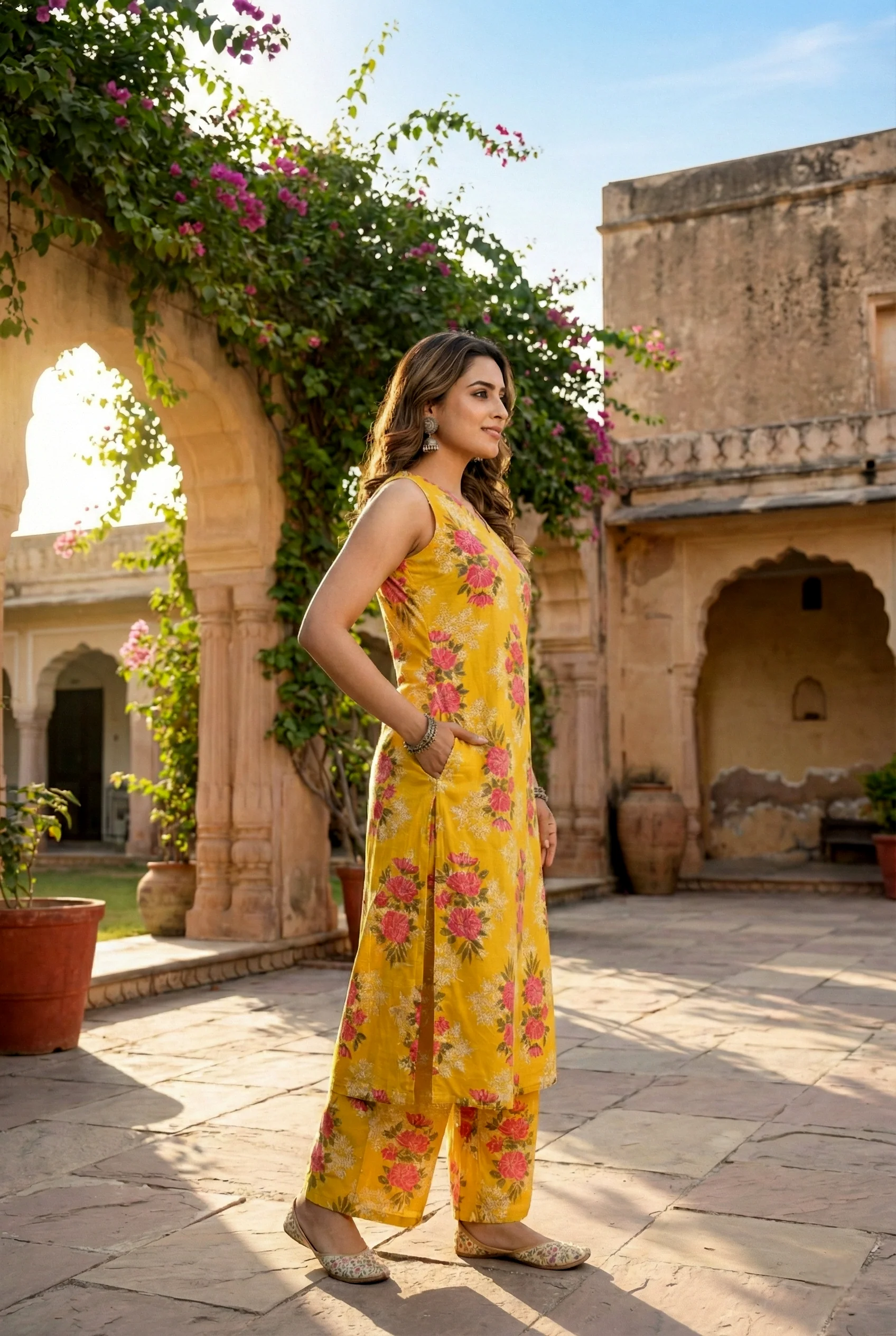 Mustard Cotton Floral Digital Printed Two Piece Set - Image 2
