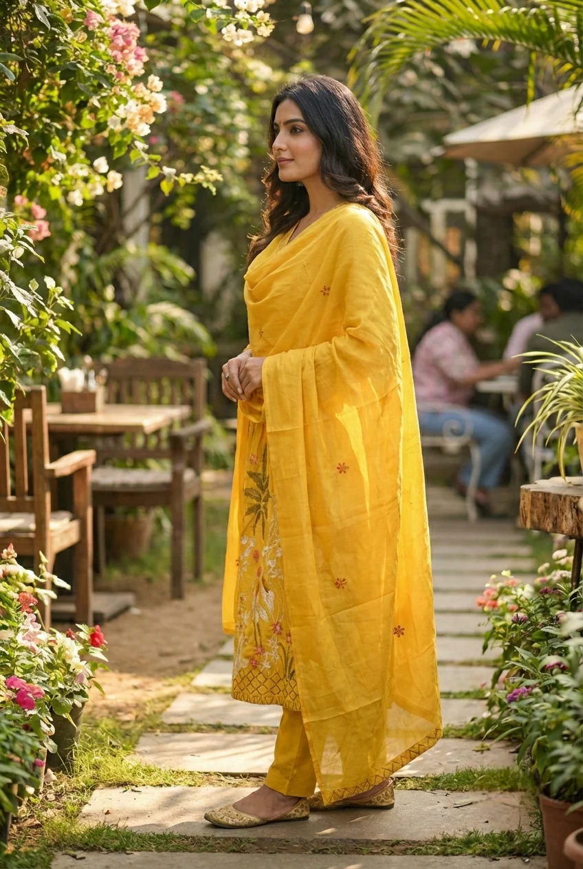 Mustard Cotton Floral Embroidery Three Piece Set - Image 2