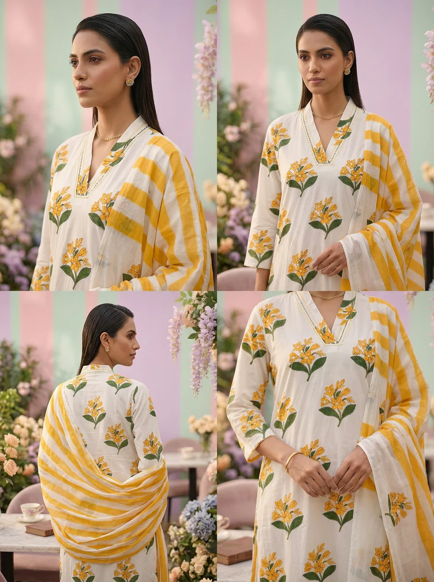 Mustard Cotton Floral Printed Three Piece Set - Image 3