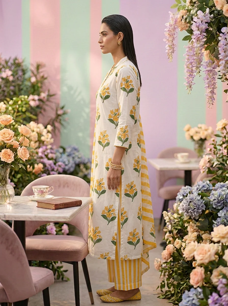 Mustard Cotton Floral Printed Three Piece Set - Image 4