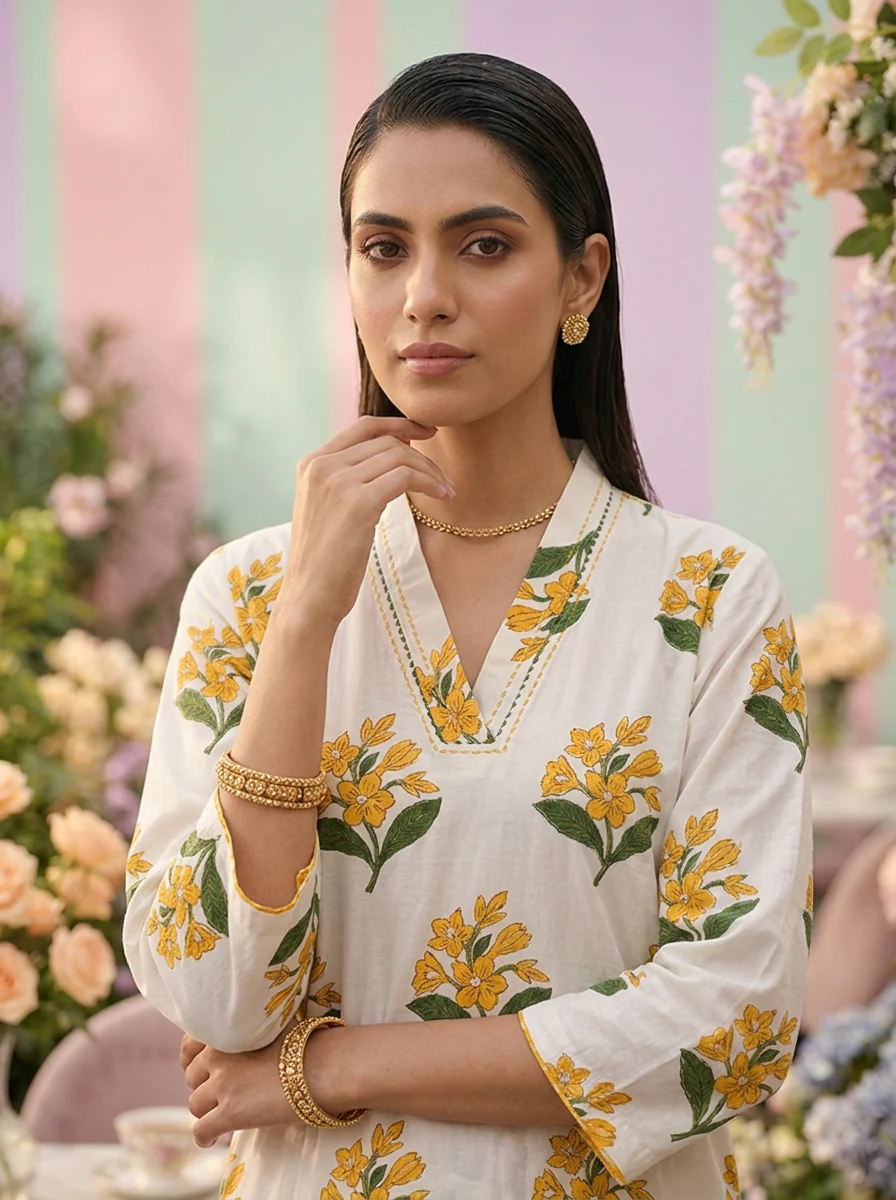 Mustard Cotton Floral Printed Three Piece Set - Image 5