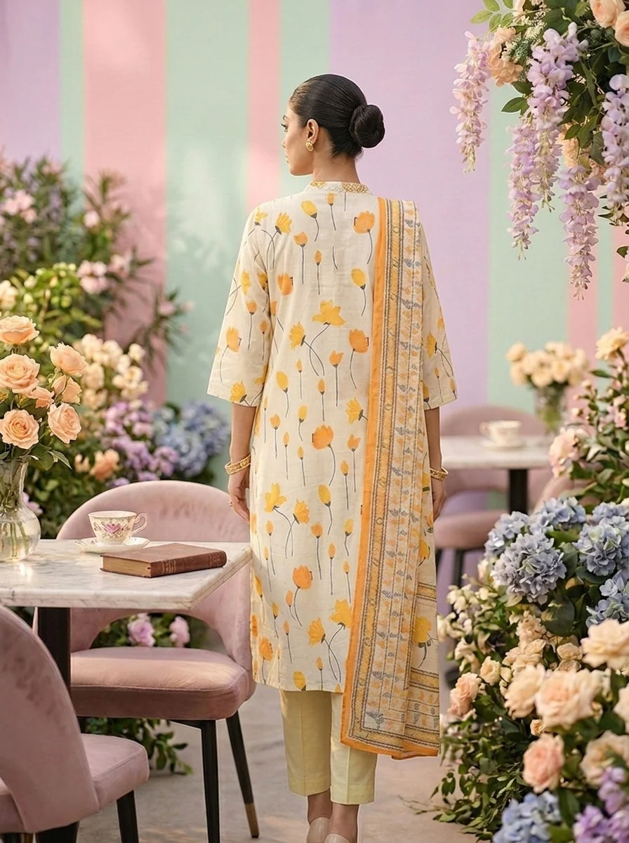 Mustard Cotton Floral Printed Three Piece Set - Image 2