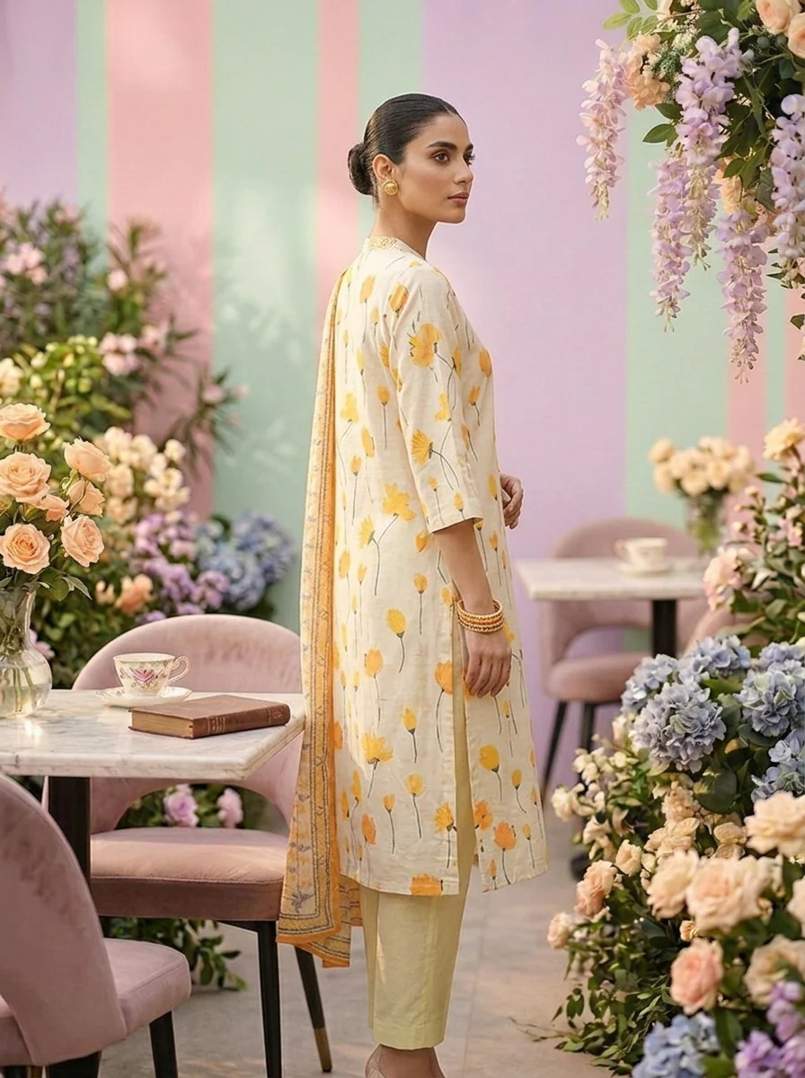 Mustard Cotton Floral Printed Three Piece Set - Image 3