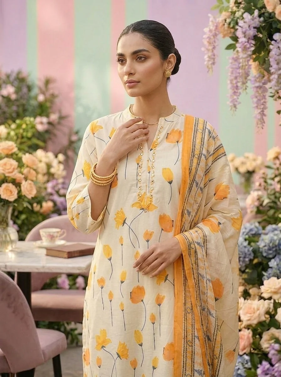 Mustard Cotton Floral Printed Three Piece Set - Image 4