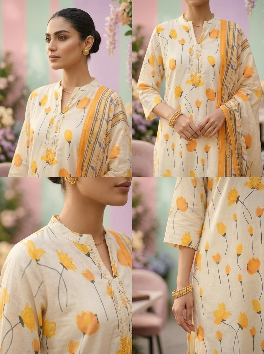 Mustard Cotton Floral Printed Three Piece Set - Image 5