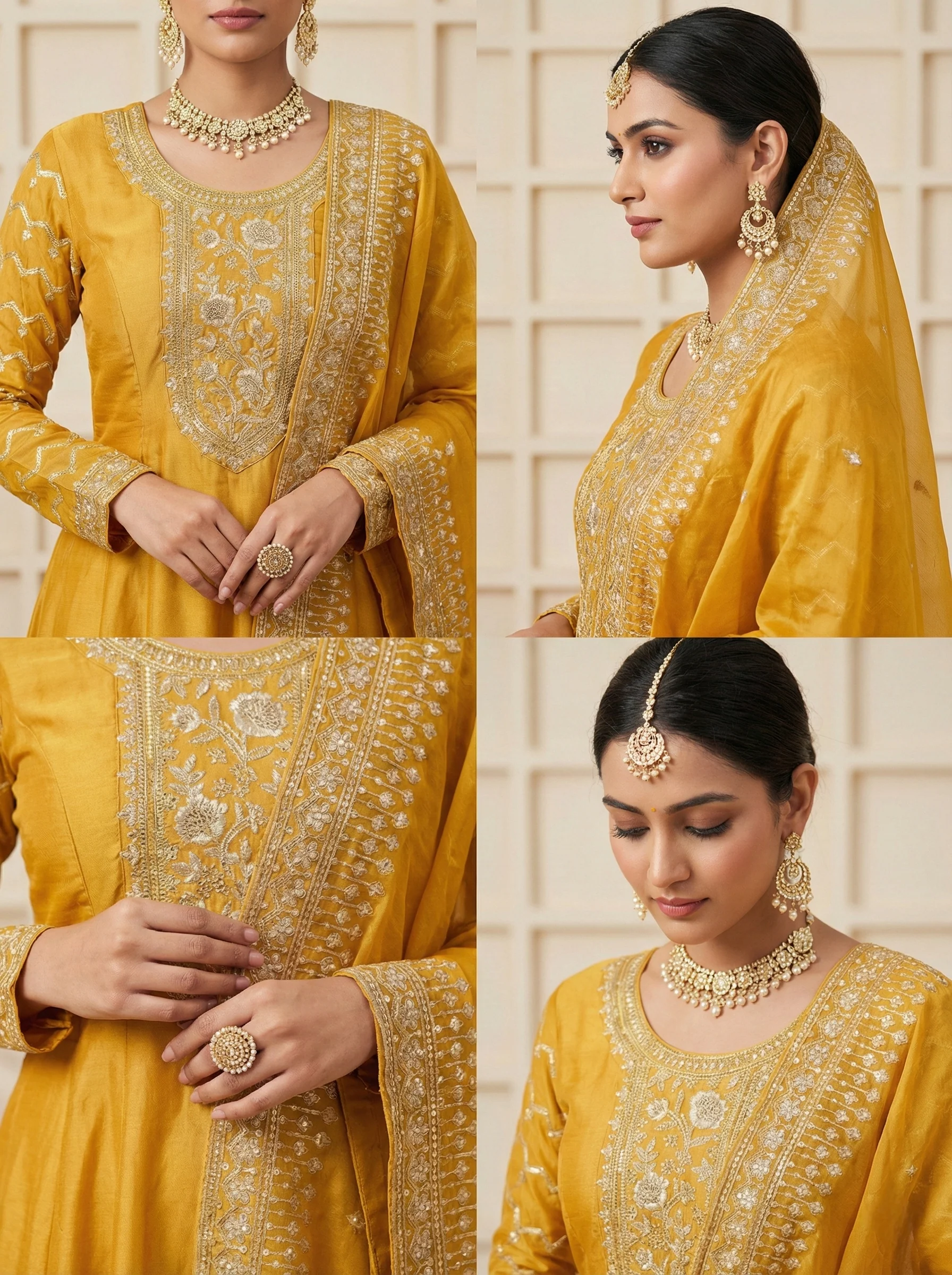 Mustard Tissue Floral Sequins Embroidered Three Piece Set - Image 3