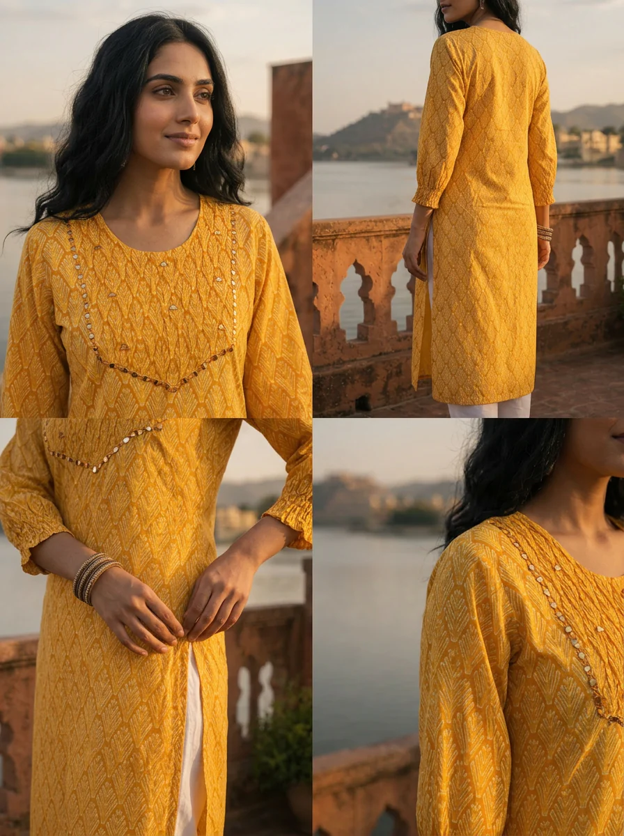 Mustard Cotton Geometric Leaf Printed Kurta - Image 5