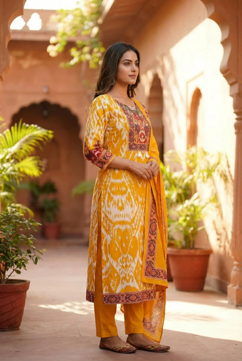Mustard Cotton Printed Three Piece Set - Image 2