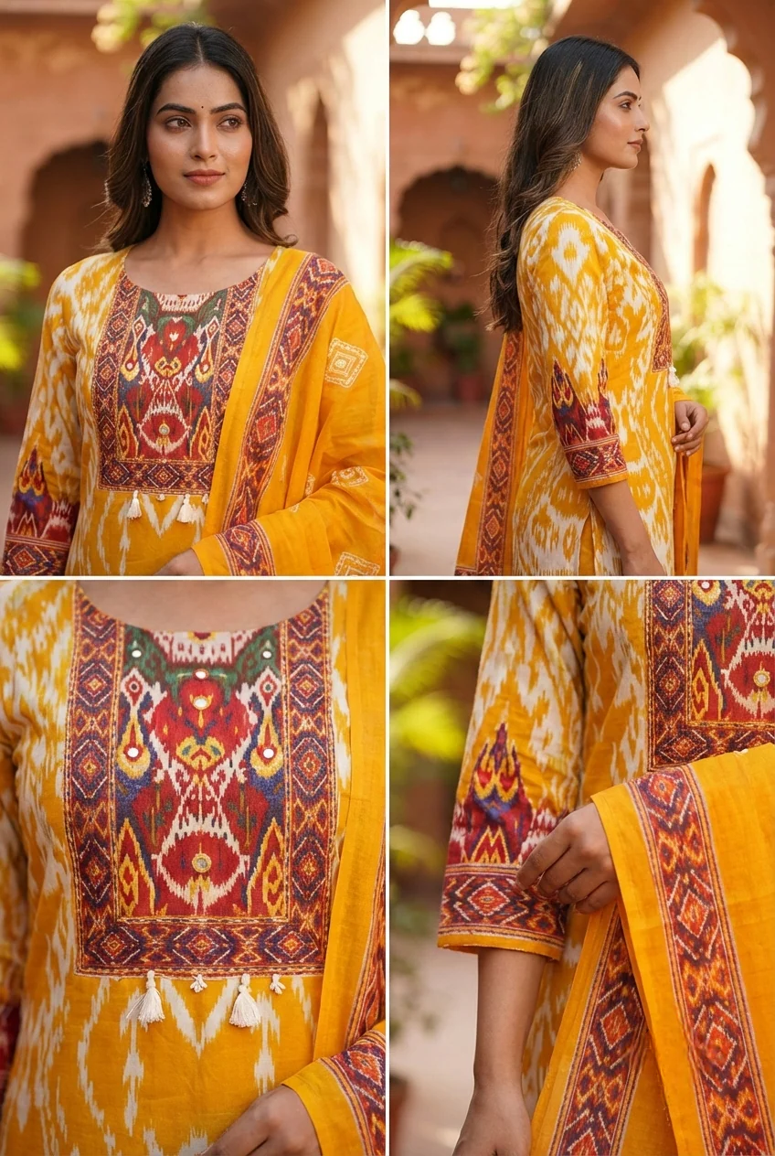 Mustard Cotton Printed Three Piece Set - Image 6