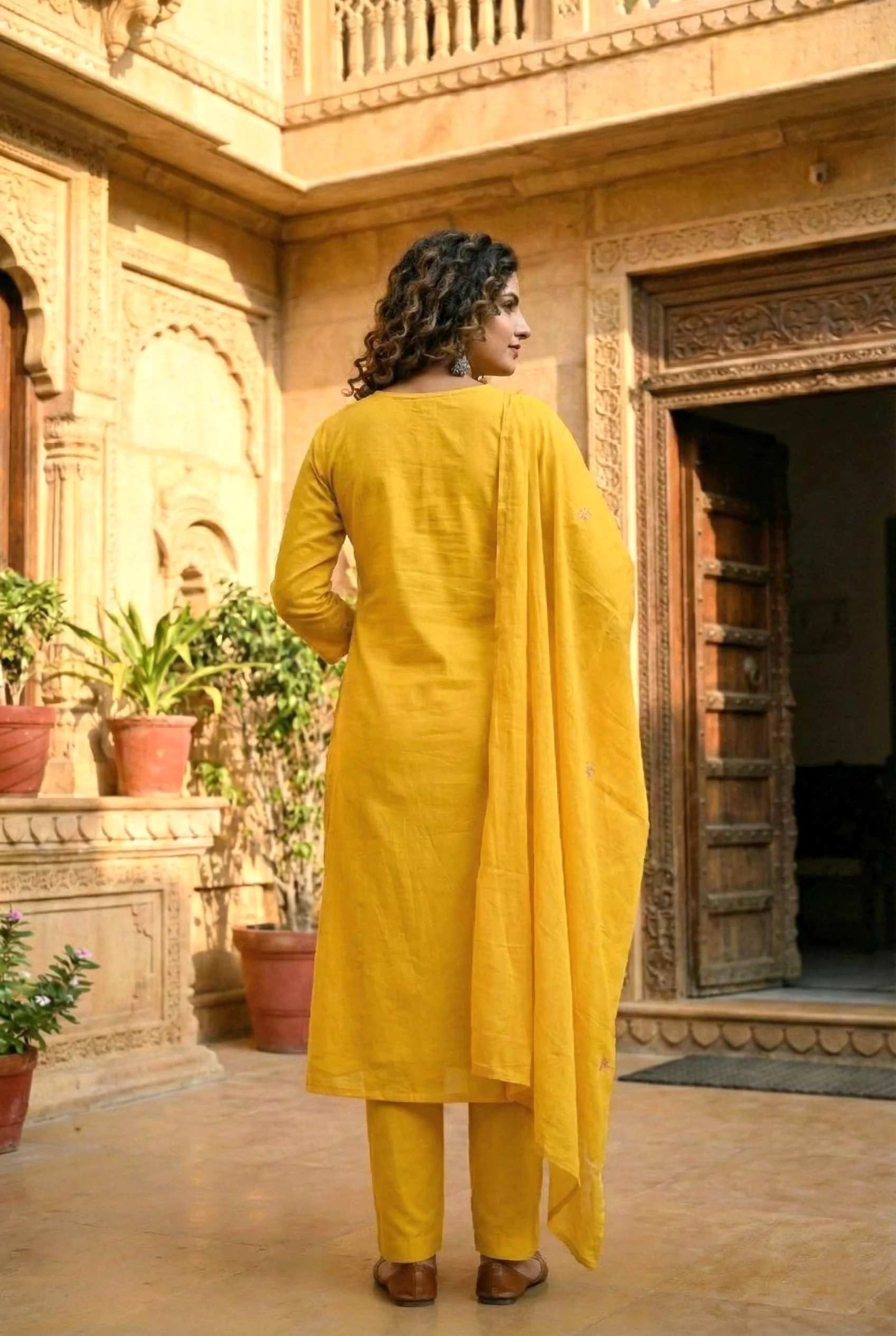 Mustard Cotton Sequins And Hand Embroidered Three Piece Set - Image 3