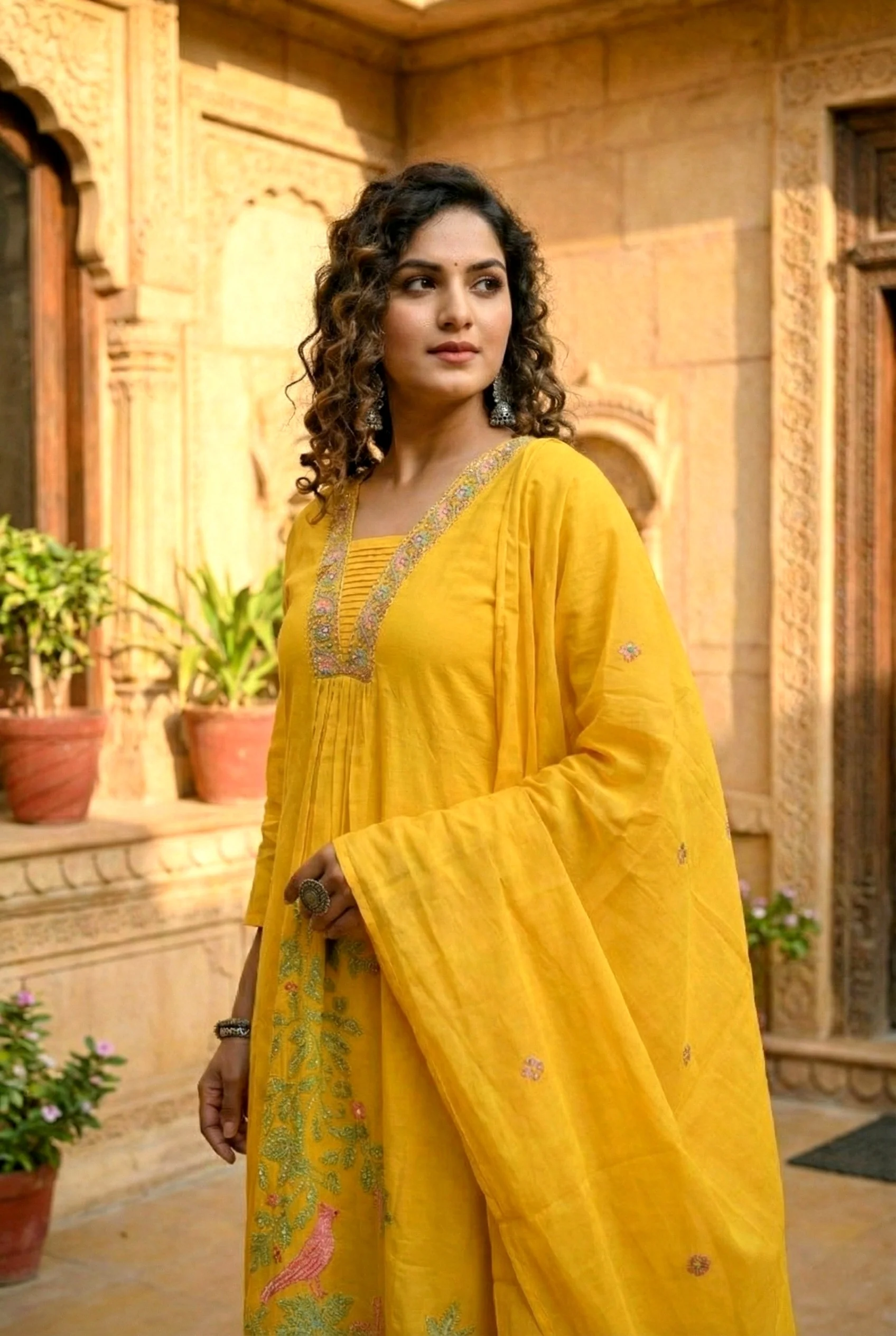 Mustard Cotton Sequins And Hand Embroidered Three Piece Set - Image 4